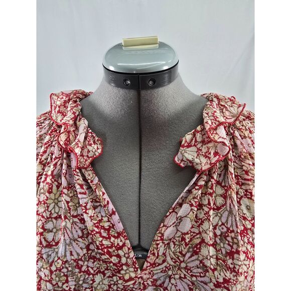 Free People Red Floral Print Boho Ruffle Neck Flowy Semi Sheer Blouse Top Medium - Picture 4 of 8